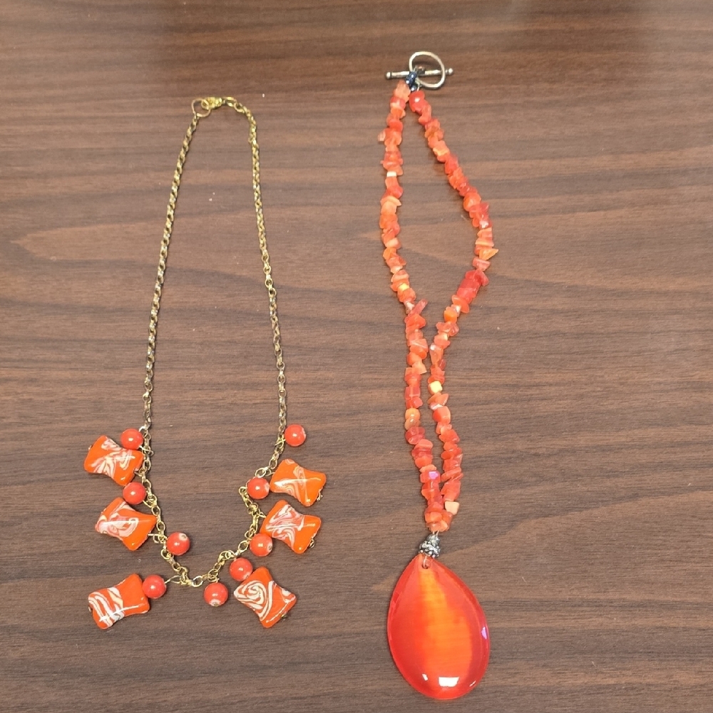 Lot of 2 Orange Colored Bead Necklaces